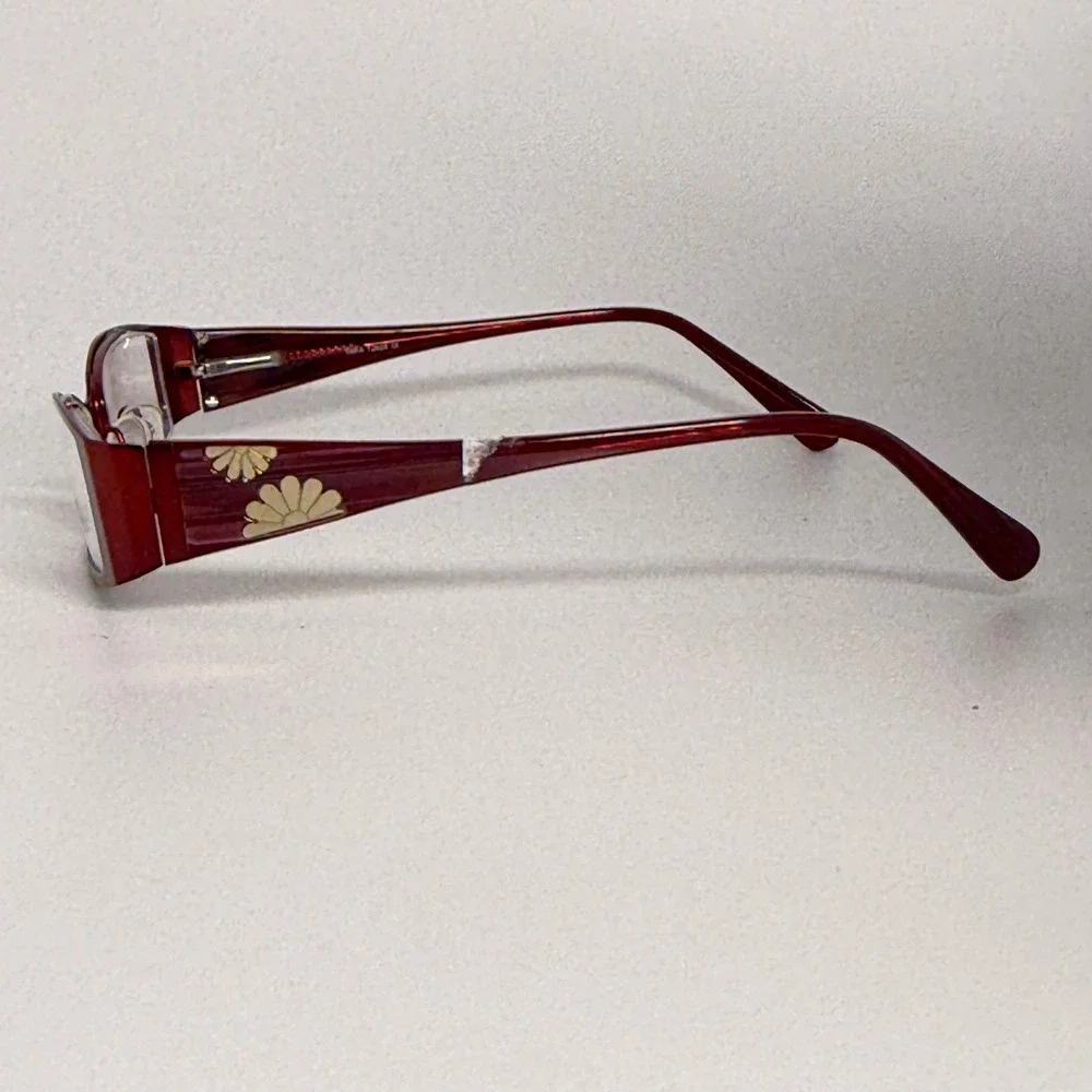 TAKA T2628 Burgundy‎ Stainless Steel Eyeglasses Frames with Floral Temple Detail